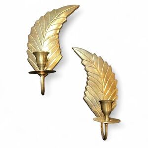 Vintage Brass Feather Wall Sconce Candle Holders-Set of 2